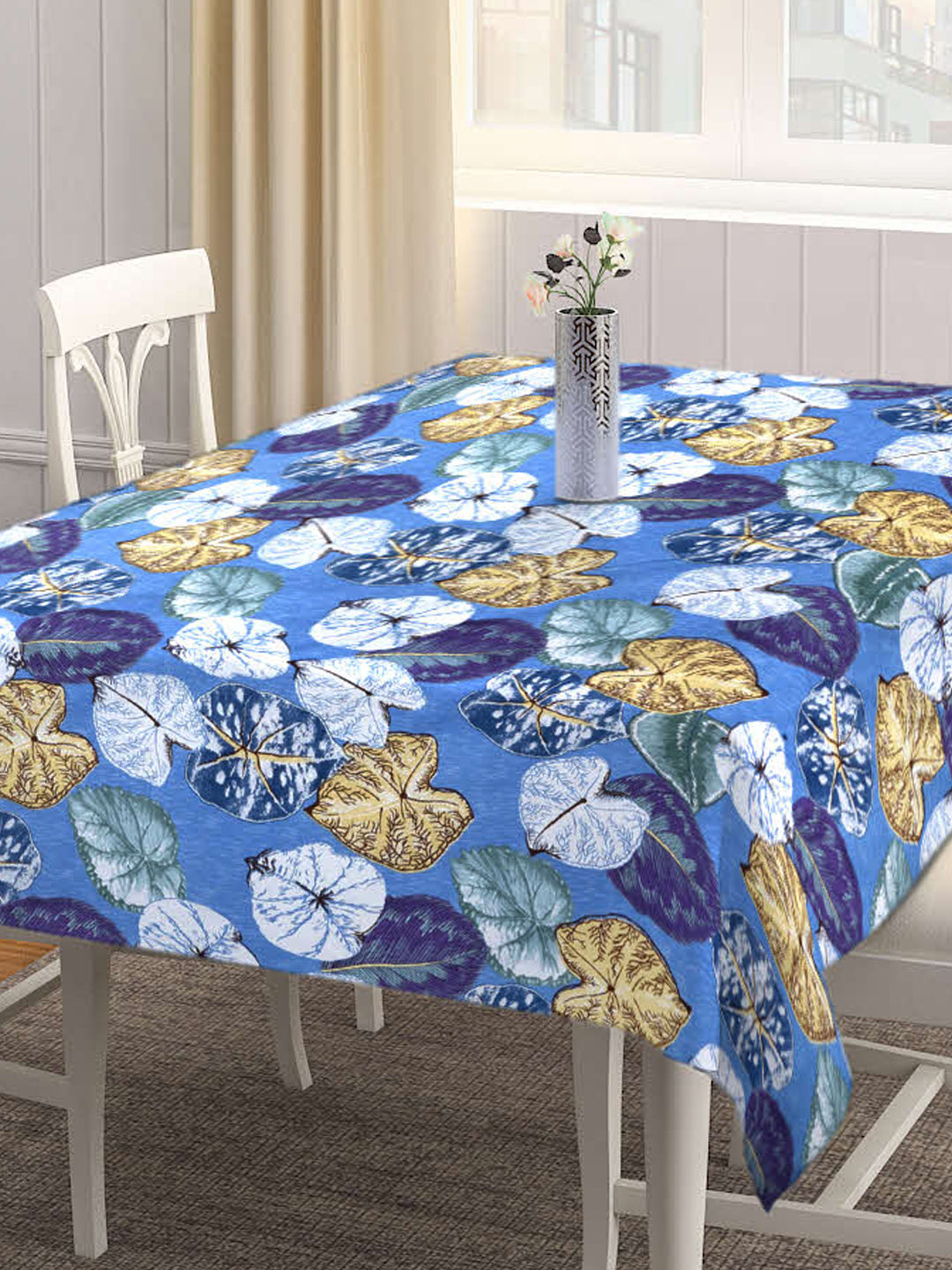 Arrabi Blue Leaf Cotton Blend 6 SEATER Table Cover (180 X 130 cm)