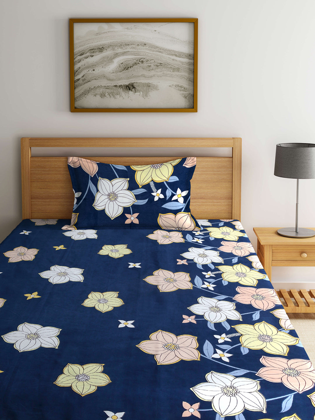 Arrabi Blue Floral TC Cotton Blend Single Size Fitted Bedsheet with 1 Pillow Cover (215 X 150 cm)