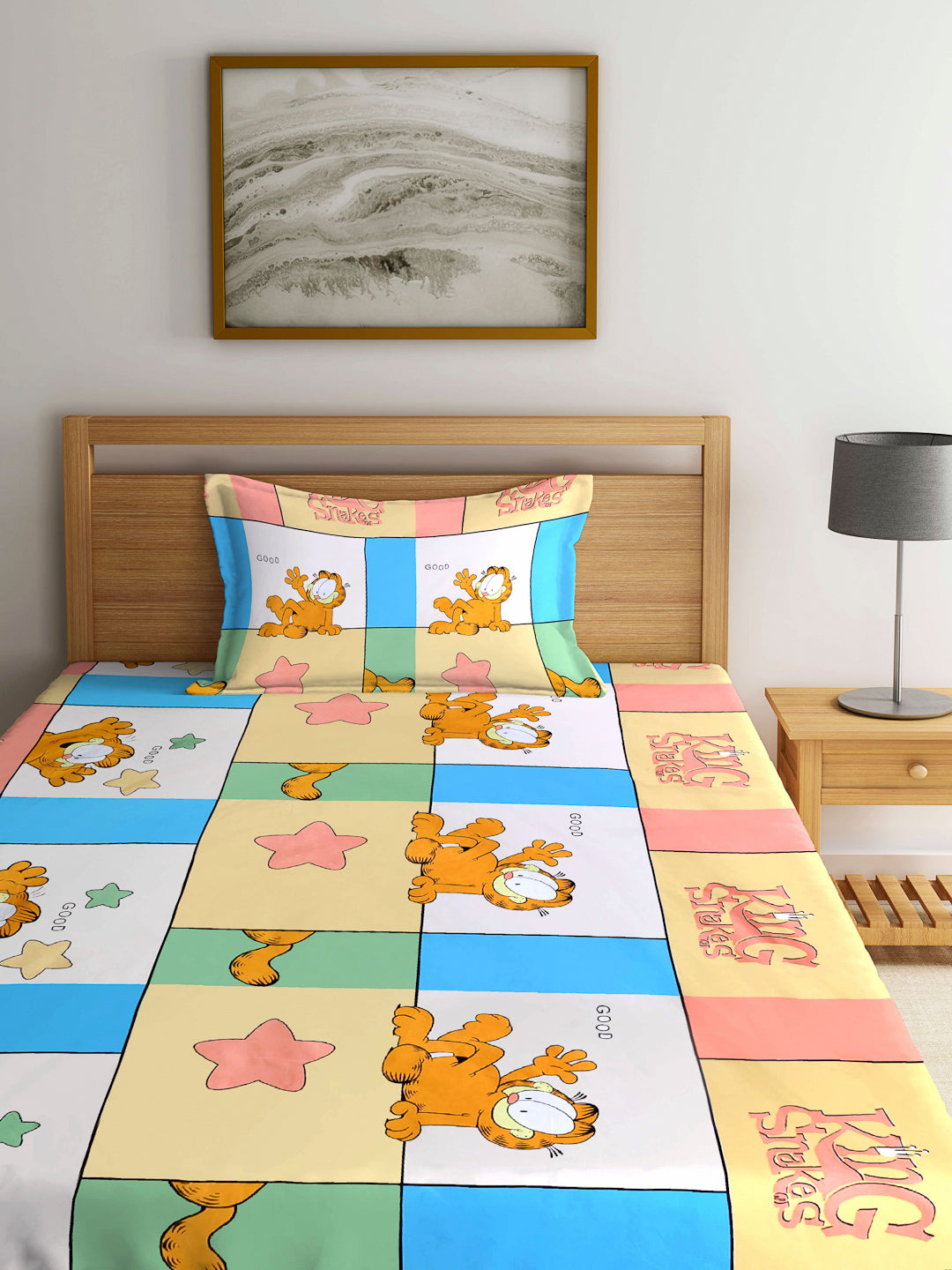 Arrabi Multi Cartoon TC Cotton Blend Single Size Fitted Bedsheet with 1 Pillow Cover (220 X 150 cm)