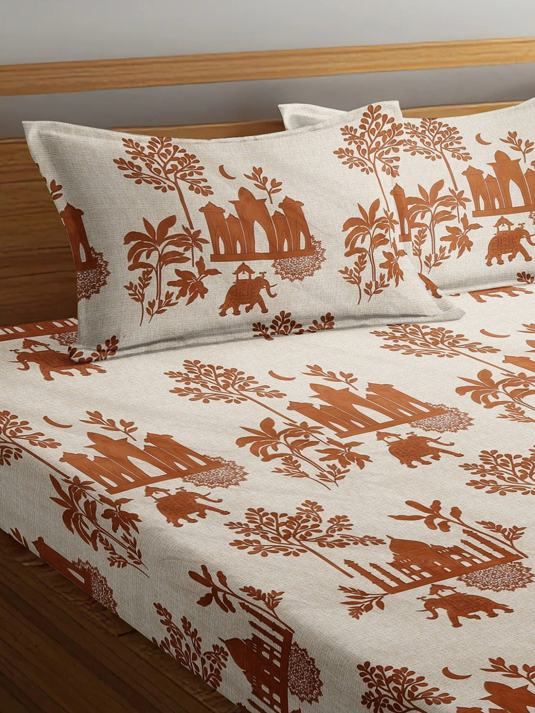 Arrabi Multi Leaf TC Cotton Blend Super King Size Bedsheet with 2 Pillow Covers (270 x 260 cm)