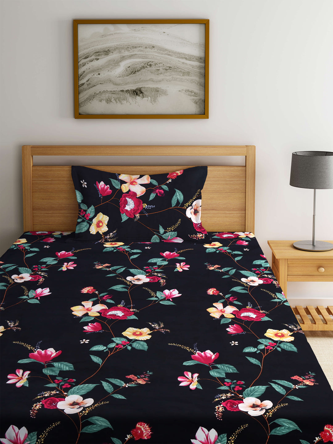 Arrabi Black Floral TC Cotton Blend Single Size Fitted Bedsheet with 1 Pillow Cover (220 X 150 cm)