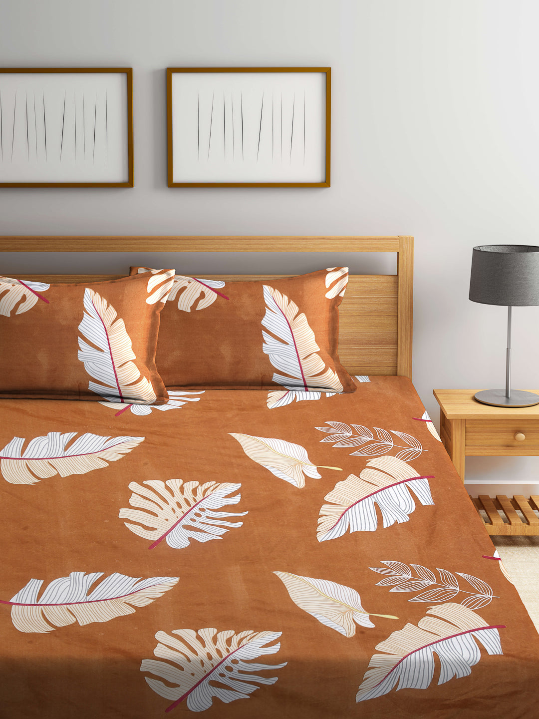 Arrabi Brown Leaf TC Cotton Blend King Size Bookfold Bedsheet with 2 Pillow Covers (250 X 215 cm)