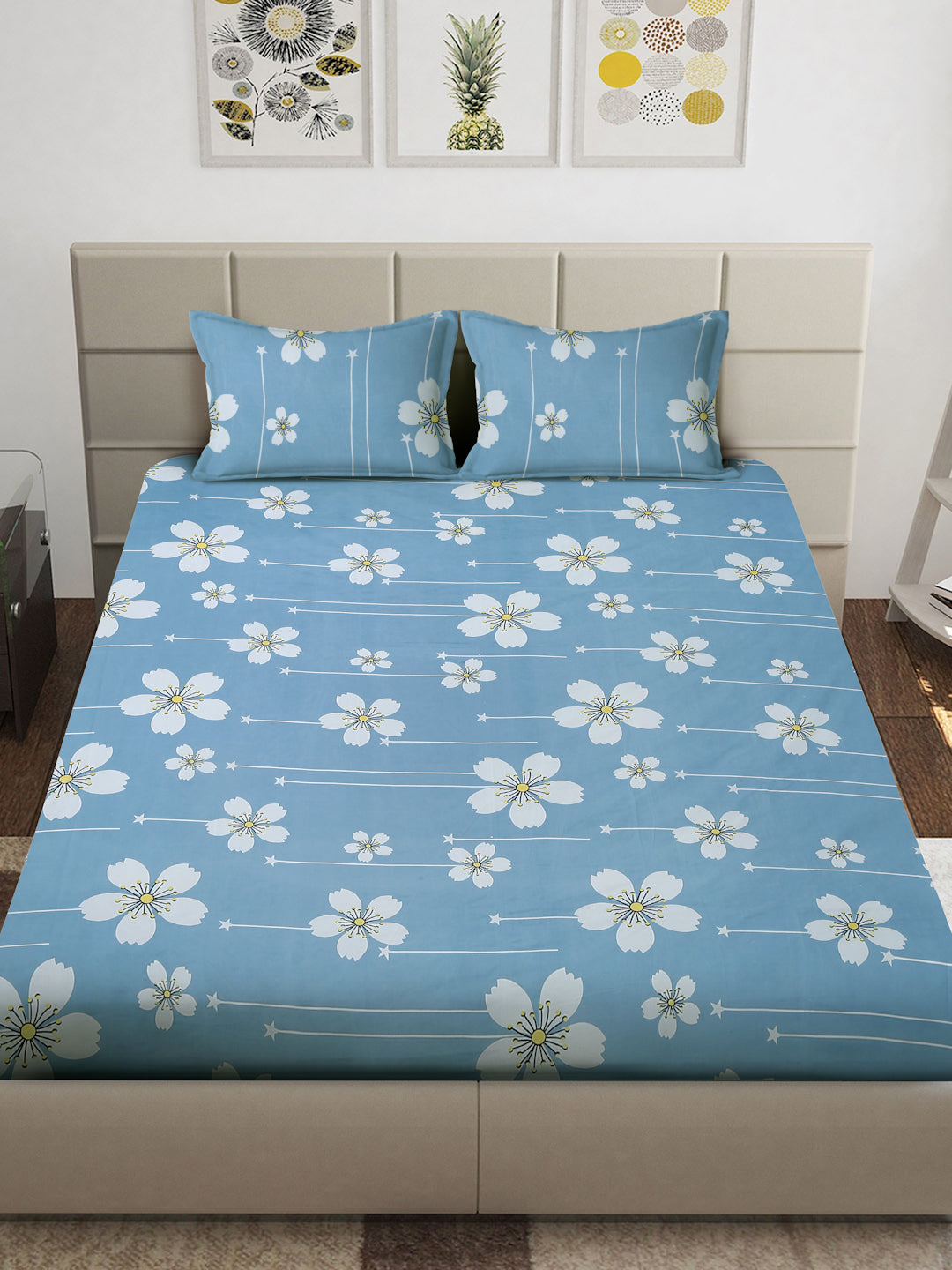 Arrabi Blue Floral TC Cotton Blend King Size Bedsheet with 2 Pillow Covers (250 x 215 cm)