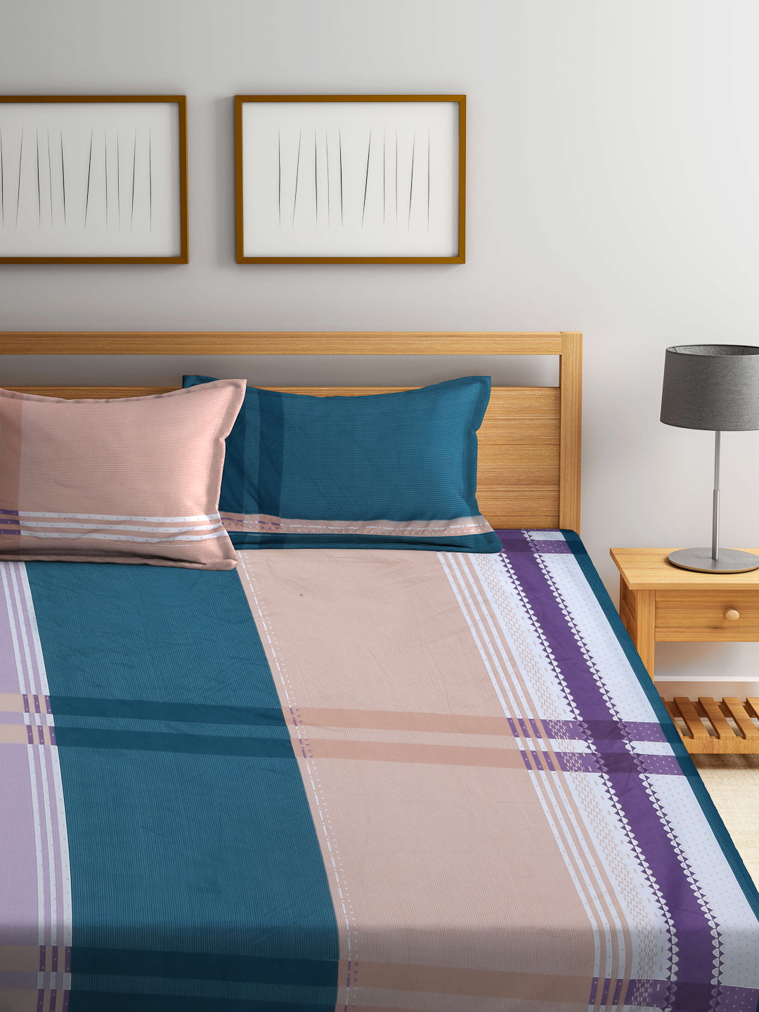 Arrabi Multi Geometric TC Cotton Blend King Size Bookfold Bedsheet with 2 Pillow Covers (250 X 215 cm)