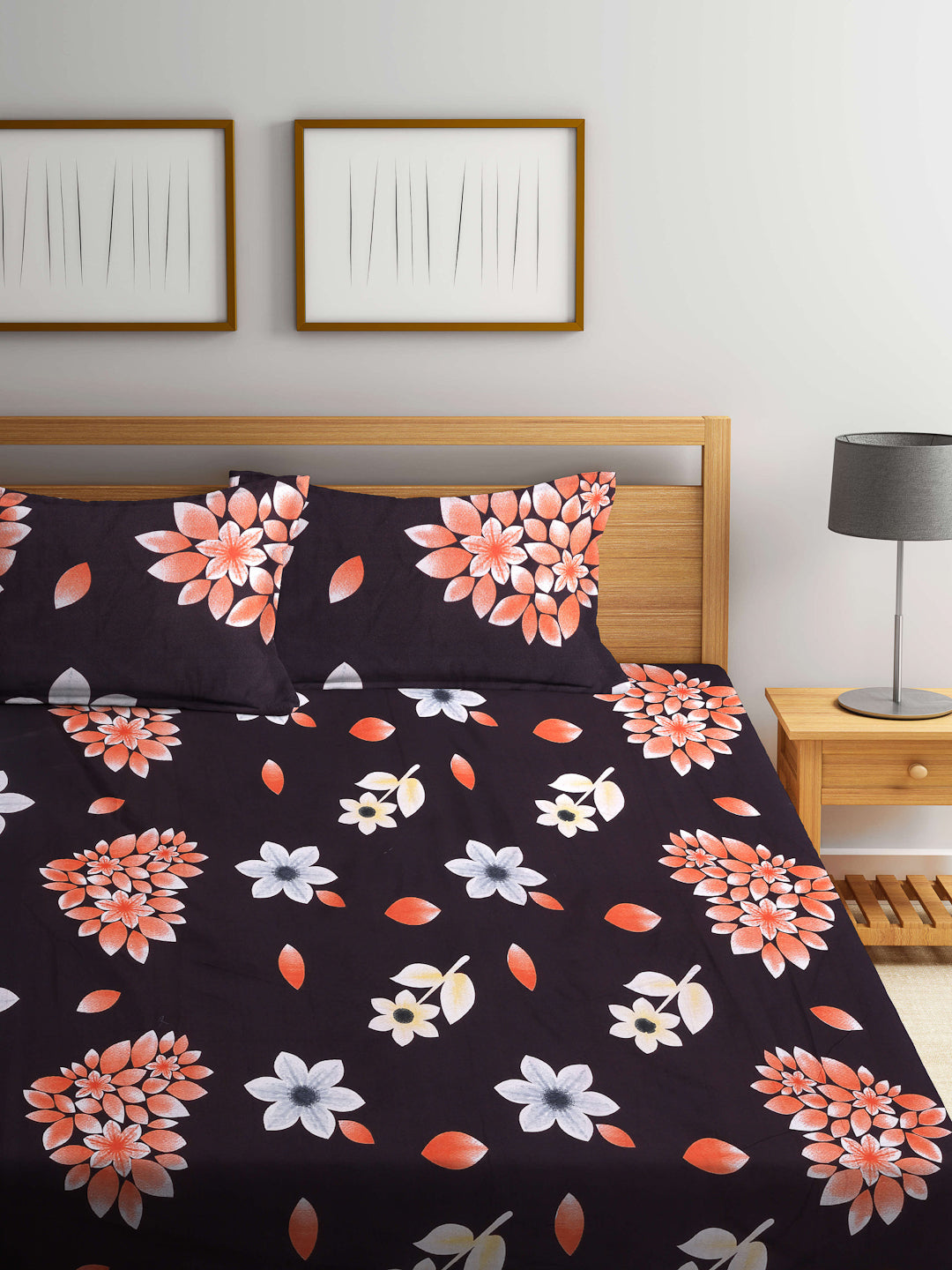 Arrabi Brown Floral TC Cotton Blend King Size Bookfold Bedsheet with 2 Pillow Covers (250 X 215 cm)