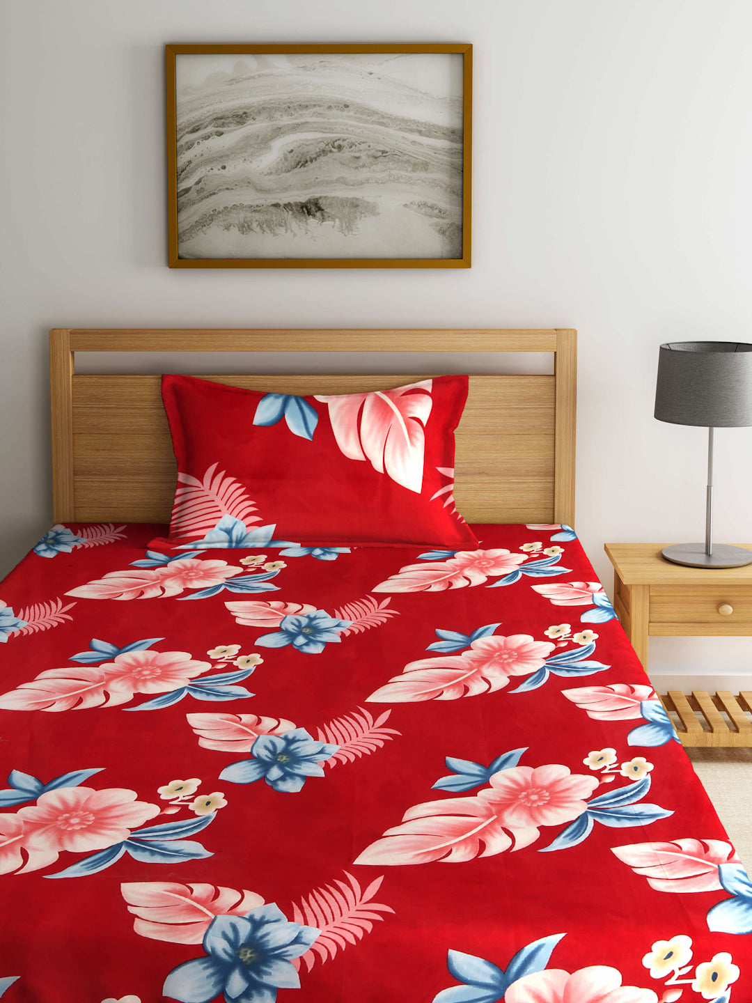 Arrabi Red Floral TC Cotton Blend Single Size Fitted Bedsheet with 1 Pillow Cover (215 X 150 cm)