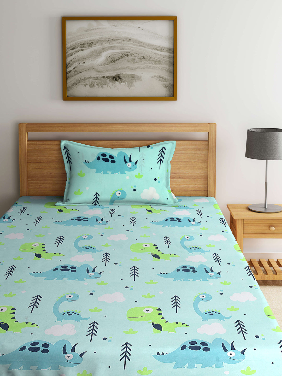Arrabi Green Cartoon TC Cotton Blend Single Size Bedsheet with 1 Pillow Cover (215 x 150 cm)