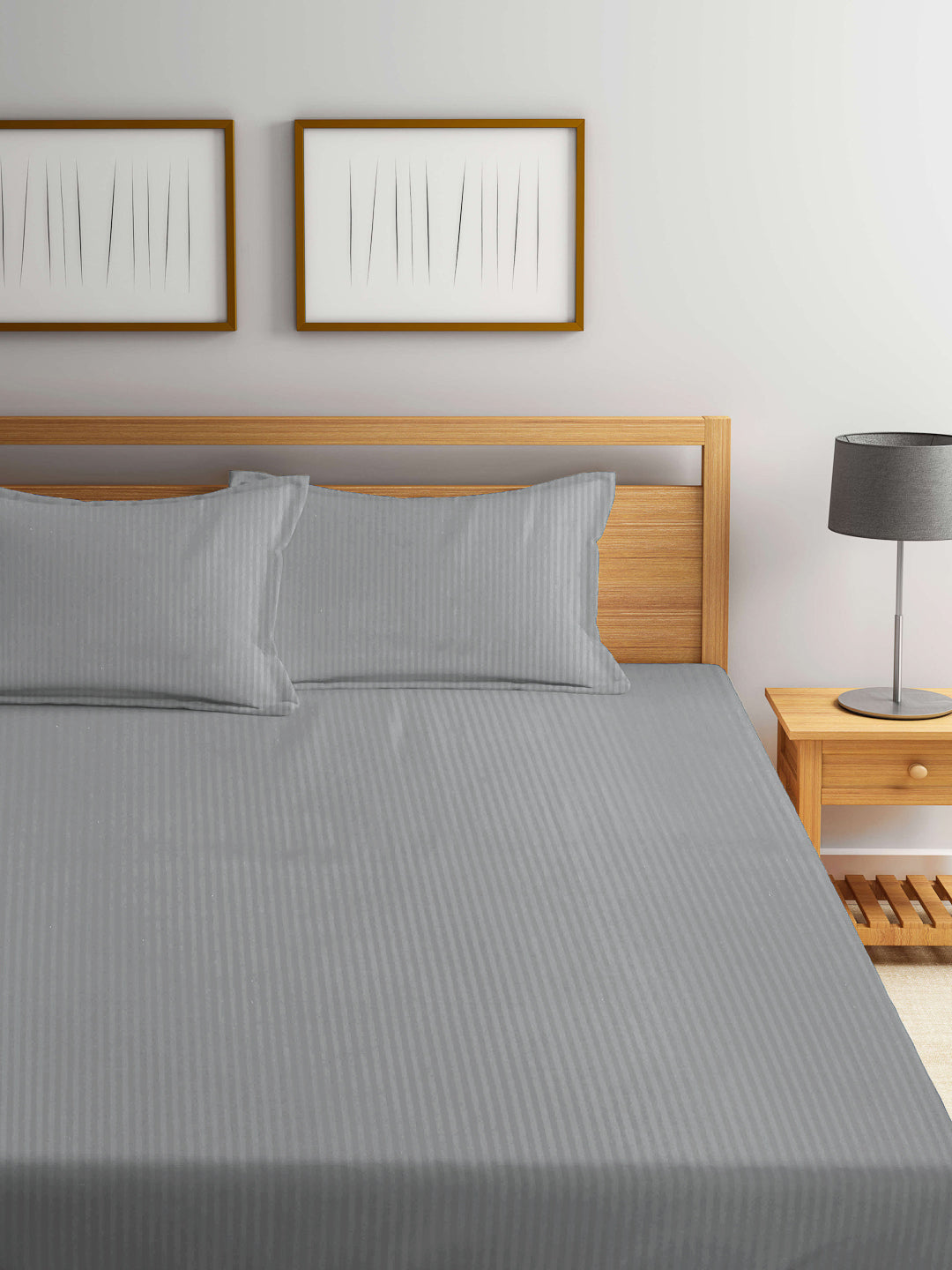 Arrabi Grey Stripes TC Cotton Blend Super King Size Bedsheet with 2 Pillow Covers (270 x 260 cm)