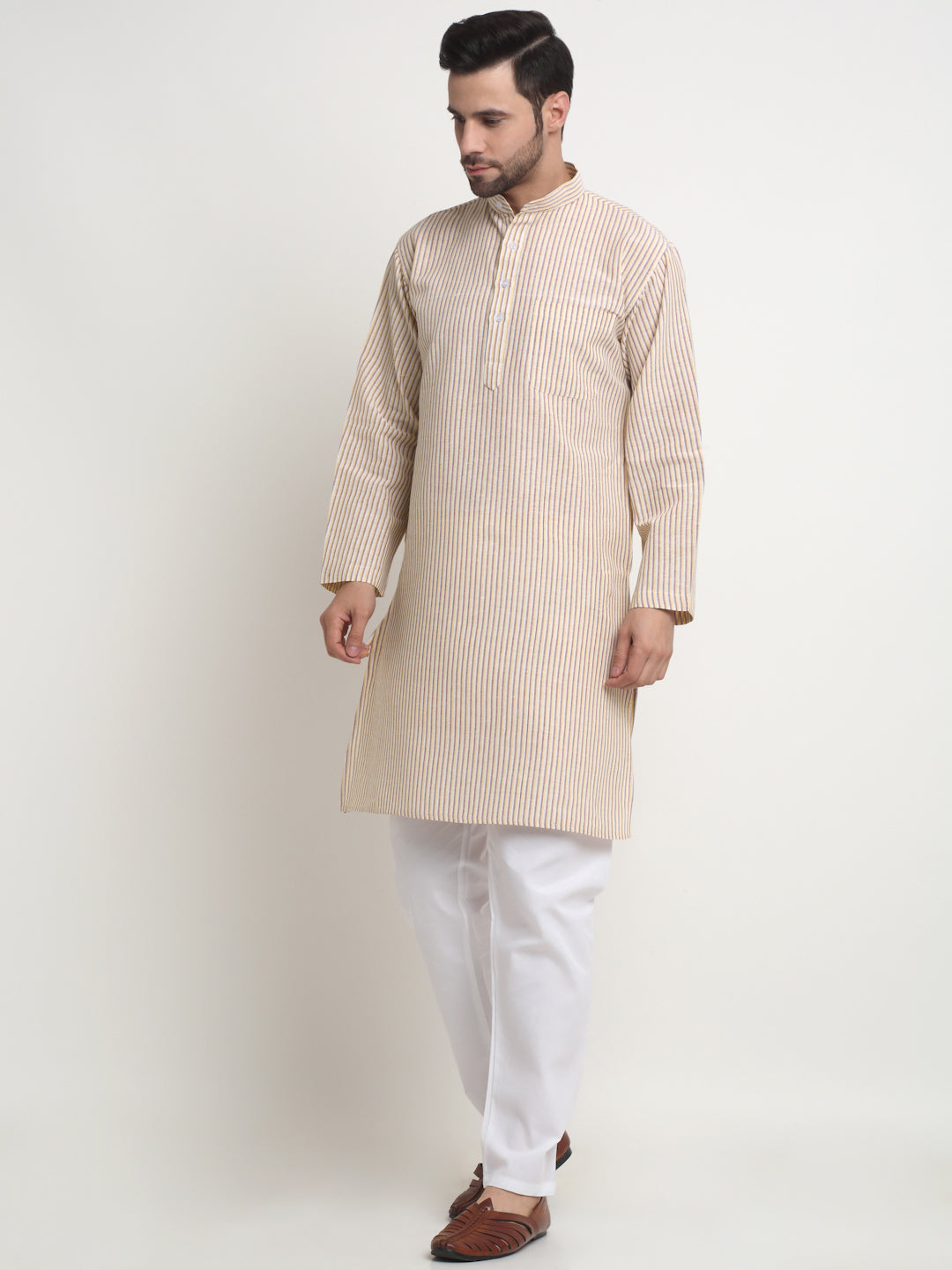 Arrabi Men Indian Fashion Multi Pure Cotton Stripped Straight Kurta