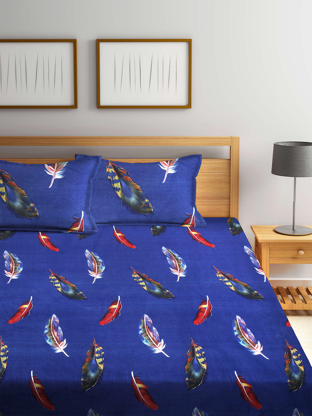 Arrabi Blue Leaf TC Cotton Blend Super King Size Bookfold Bedsheet with 2 Pillow Covers (270 X 260 cm)