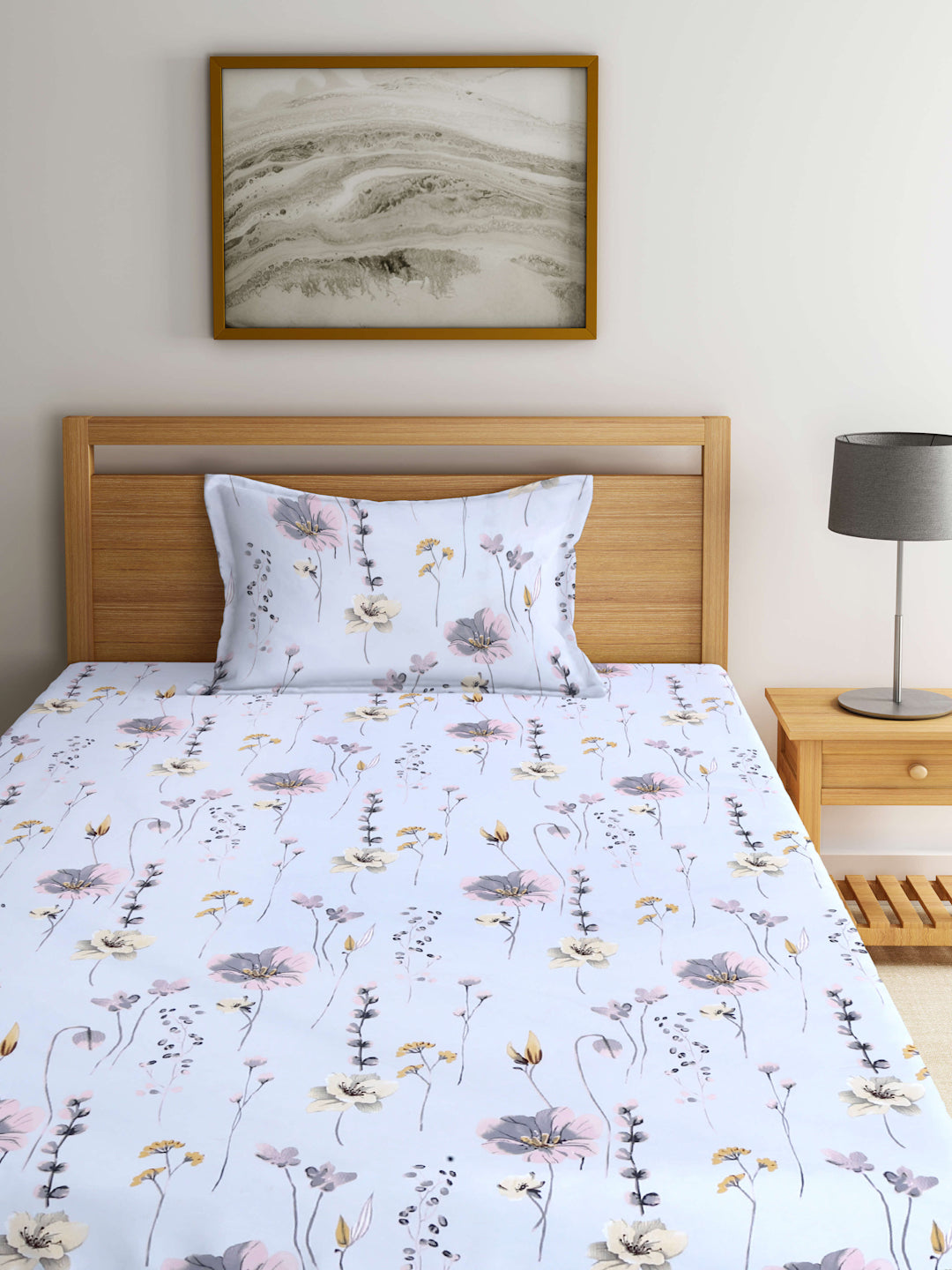 Arrabi Grey Floral TC Cotton Blend Single Size Bedsheet with 1 Pillow Cover (215 X 150 cm)