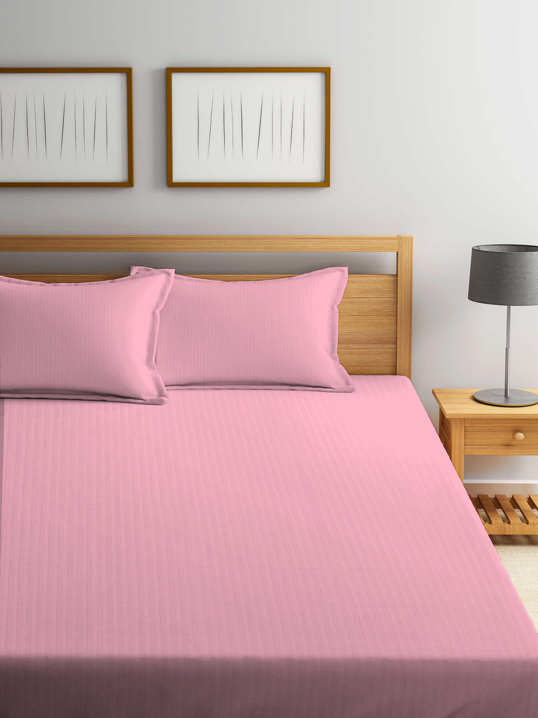Arrabi Pink Stripes TC Cotton Blend Super King Size Bookfold Bedsheet with 2 Pillow Covers (270 X 260 cm)