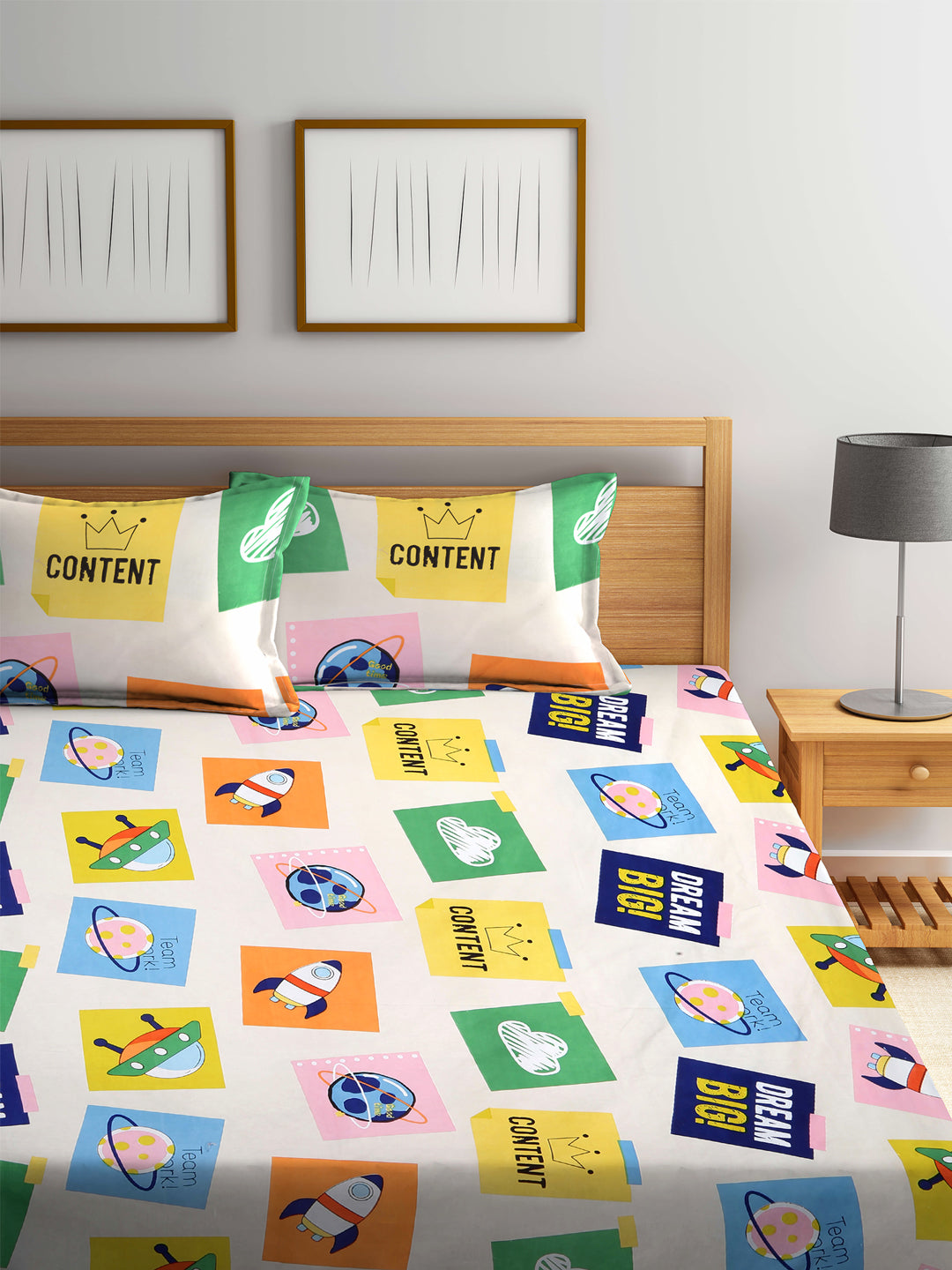 Arrabi Multi Cartoon TC Cotton Blend King Size Bookfold Bedsheet with 2 Pillow Covers (250 X 220 cm)