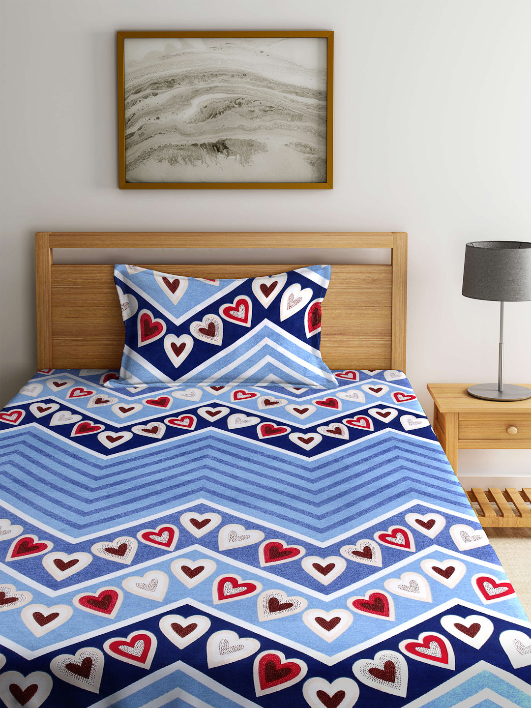 Arrabi Blue Graphic TC Cotton Blend Single Size Fitted Bedsheet with 1 Pillow Cover (220 X 150 cm)