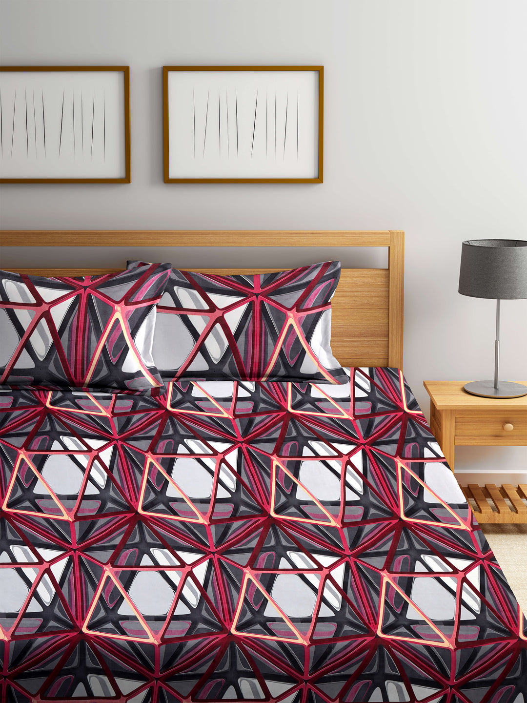 Arrabi Multi Geometric TC Cotton Blend King Size Bookfold Bedsheet with 2 Pillow Covers (250 X 220 cm)