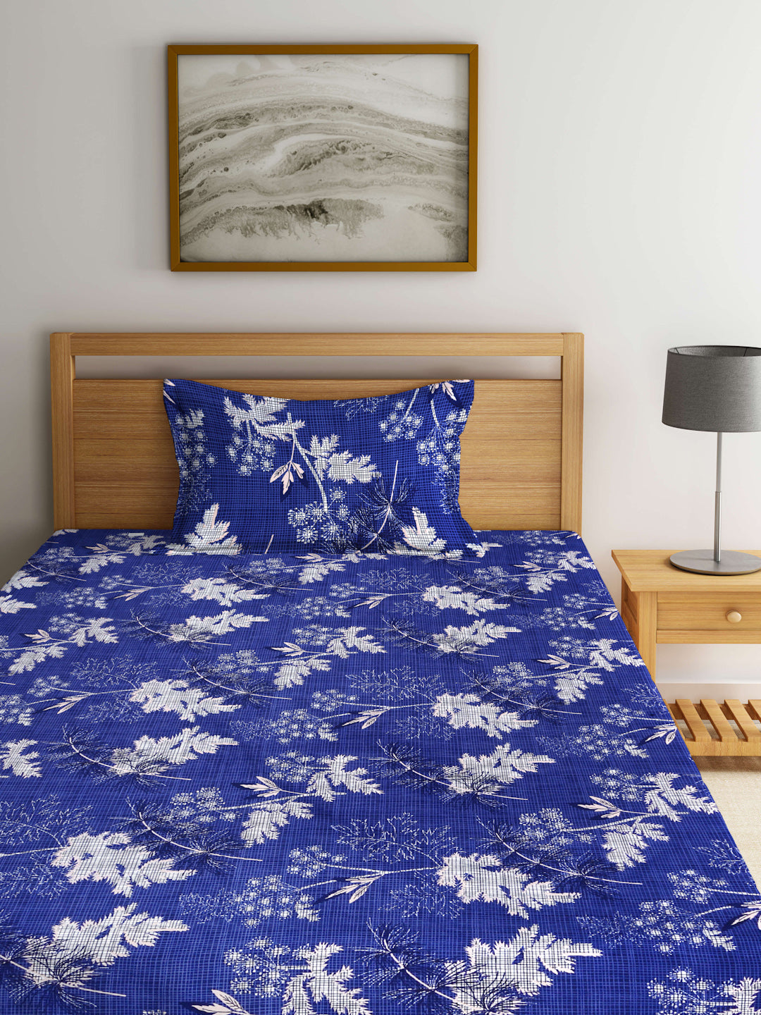 Arrabi Blue Leaf TC Cotton Blend Single Size Fitted Bedsheet with 1 Pillow Cover (215 X 150 cm)