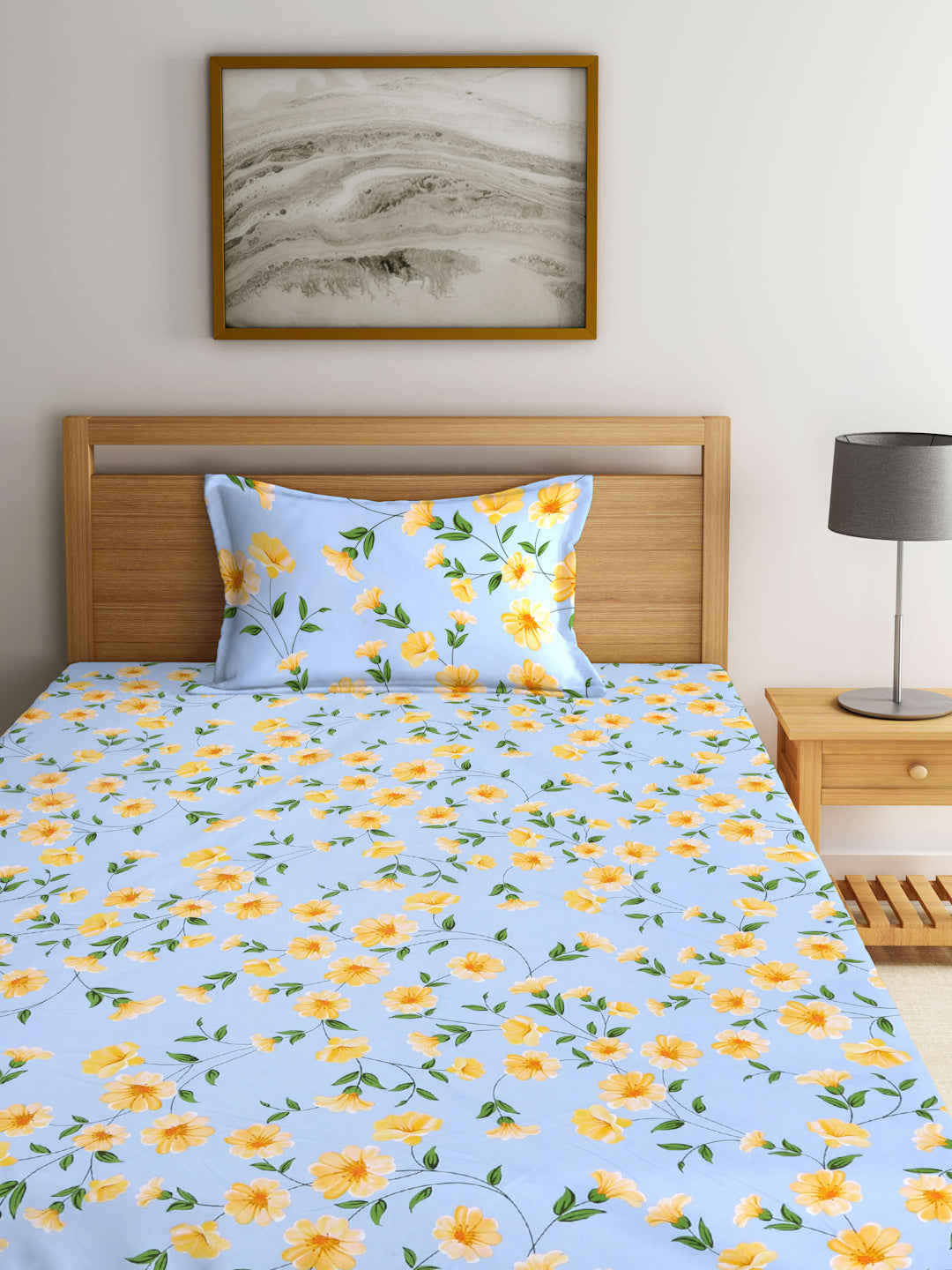 Arrabi Blue Floral TC Cotton Blend Single Size Fitted Bedsheet with 1 Pillow Cover (215 X 150 cm)