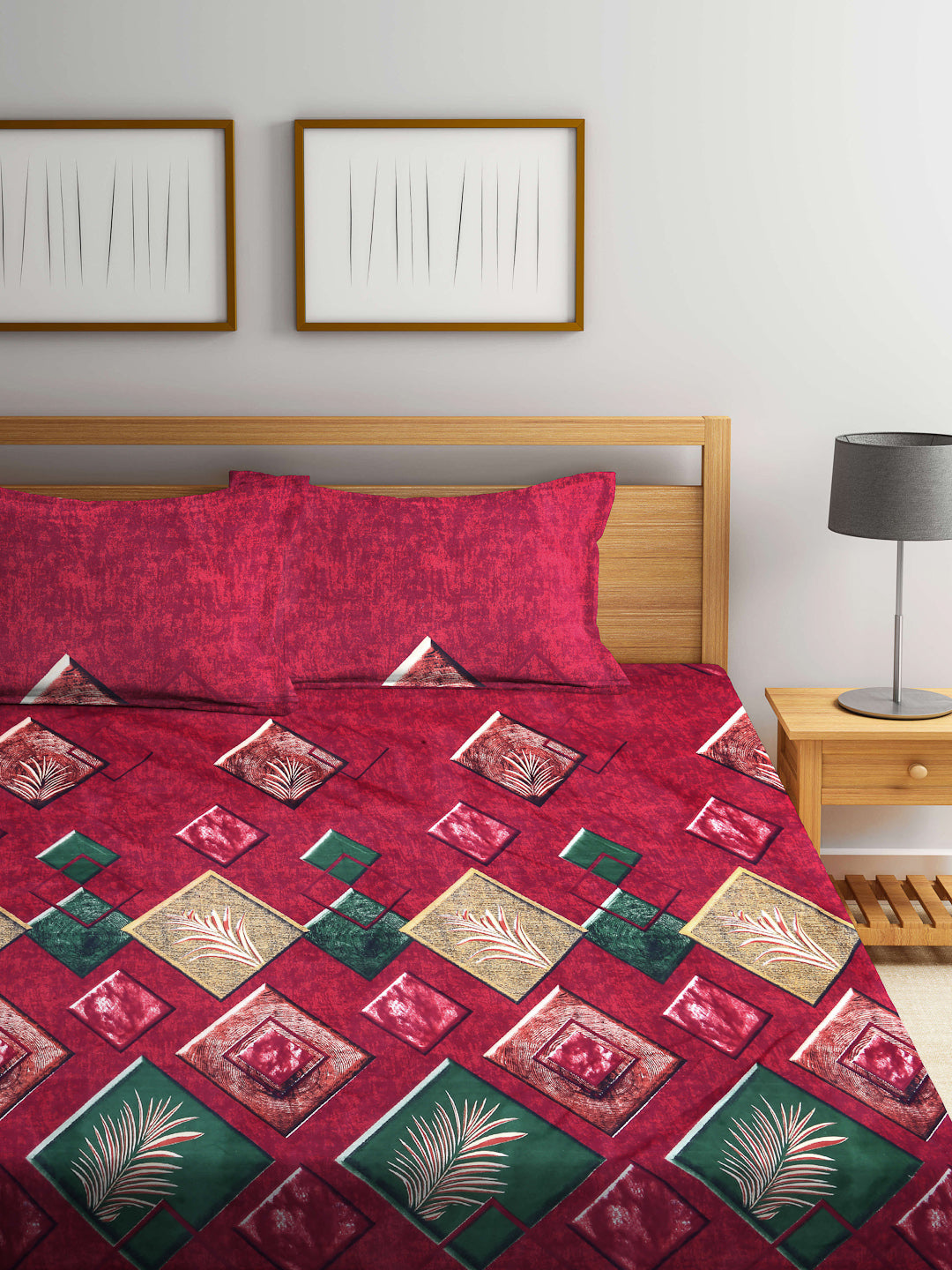 Arrabi Red Geometric TC Cotton Blend King Size Bookfold Bedsheet with 2 Pillow Covers (250 X 220 cm)