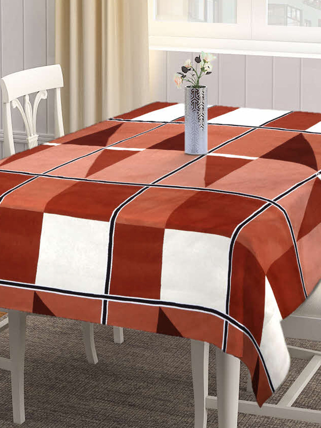 Arrabi Brown Checks Cotton Blend 6 SEATER Table Cover (180 X 130 cm)