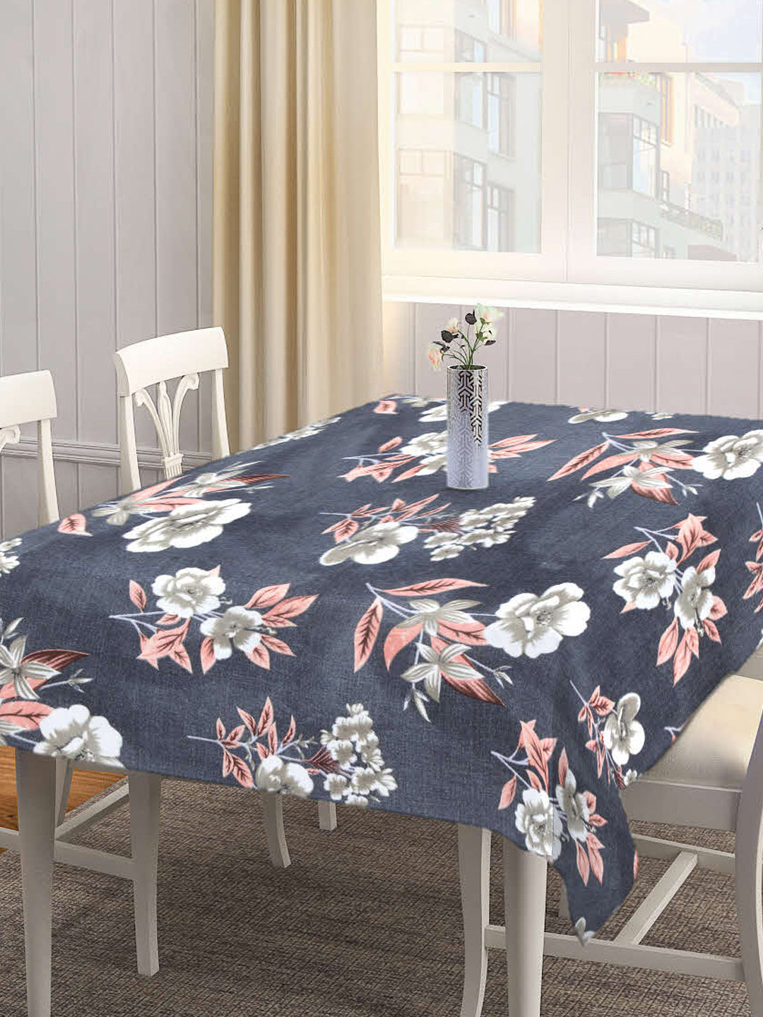 Arrabi Grey Floral Cotton Blend 8 SEATER Table Cover (215 X 150 cm)