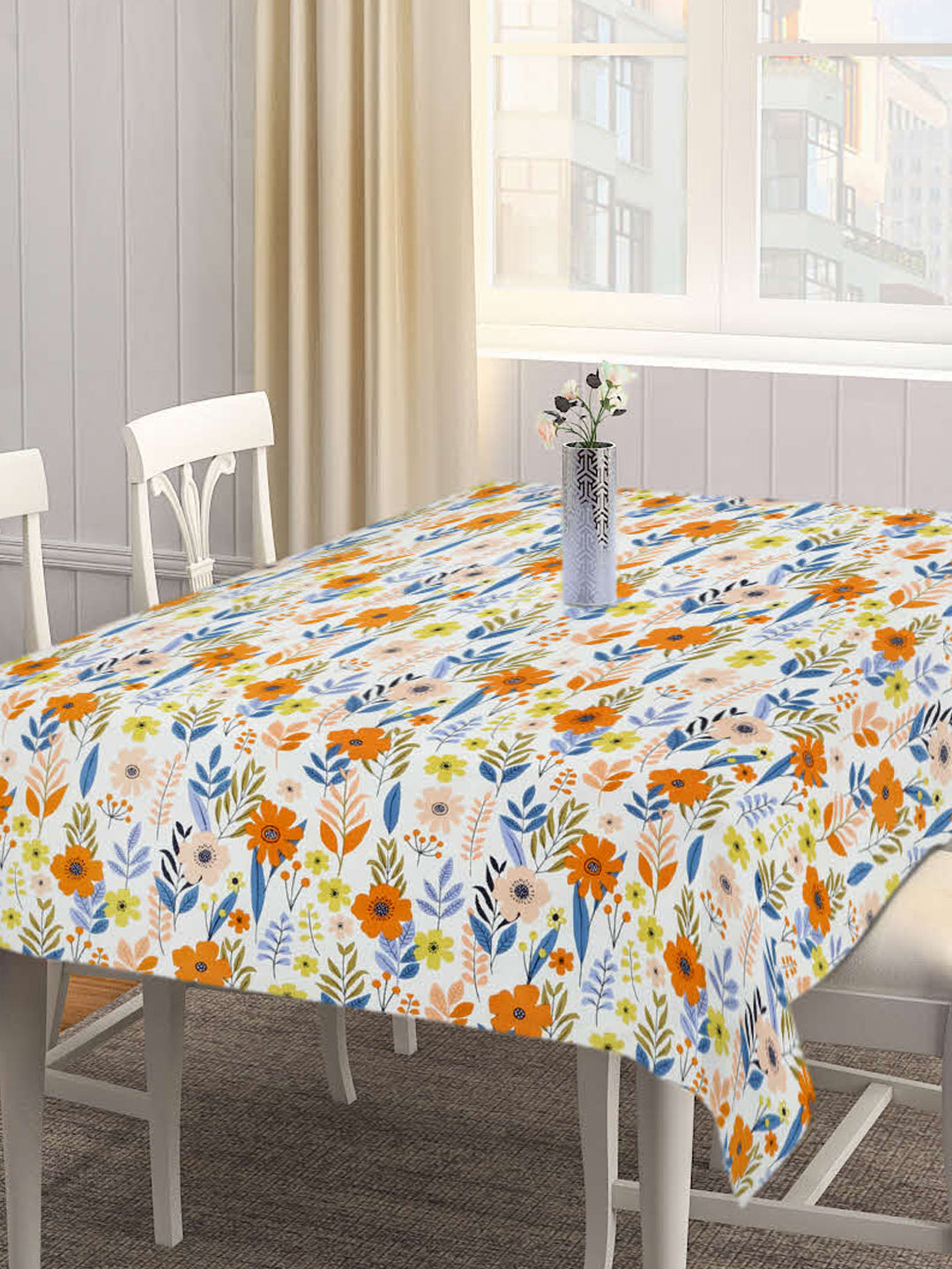 Arrabi Cream Floral Cotton Blend 6 SEATER Table Cover (180 X 130 cm)