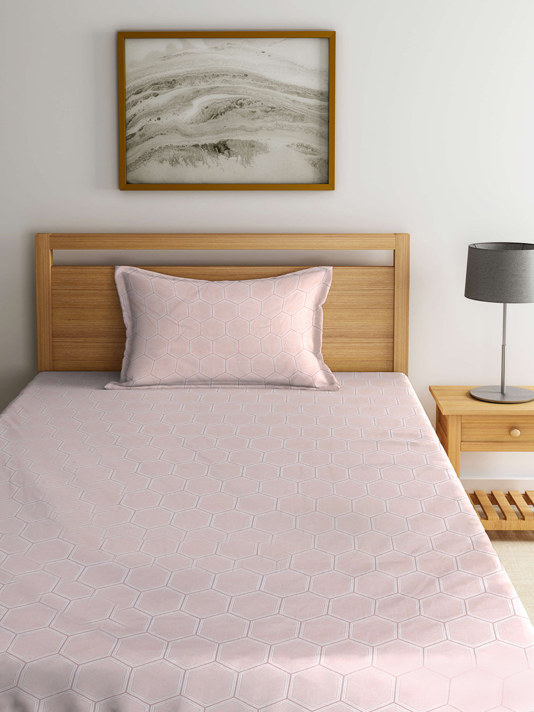 Arrabi Peach Geometric TC Cotton Blend Single Size Fitted Bedsheet with 1 Pillow Cover (215 X 150 cm)