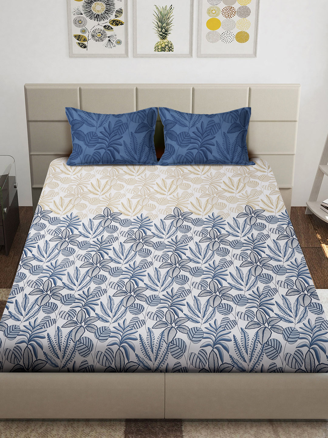 Arrabi White Floral TC Cotton Blend Super King Size Bedsheet with 2 Pillow Covers (270 x 260 cm)