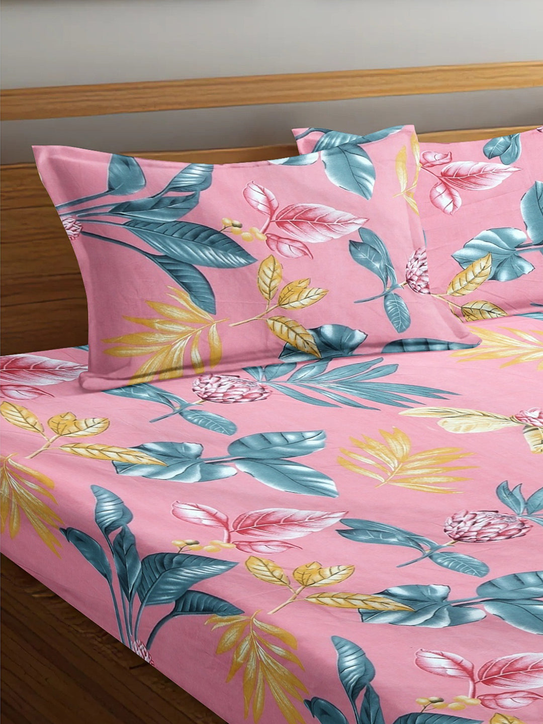 Arrabi Pink Floral TC Cotton Blend King Size Fitted Bedsheet with 2 Pillow Covers (250 X 215 Cm)