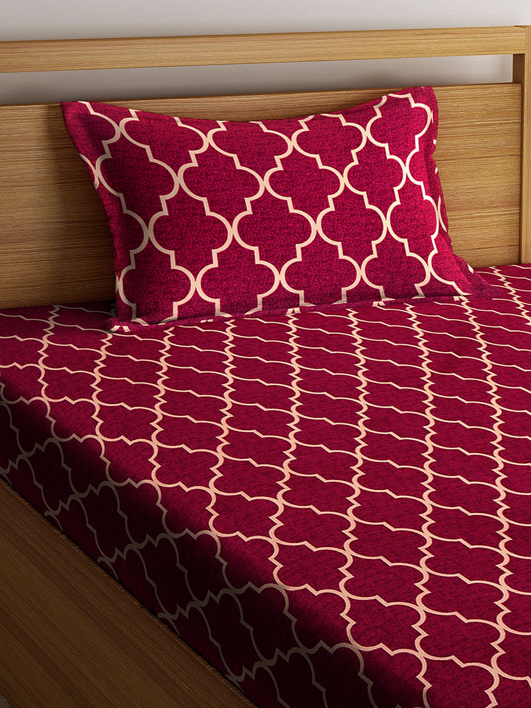 Arrabi Red Graphic TC Cotton Blend Single Size Fitted Bedsheet with 1 Pillow Cover (220 X 150 cm)