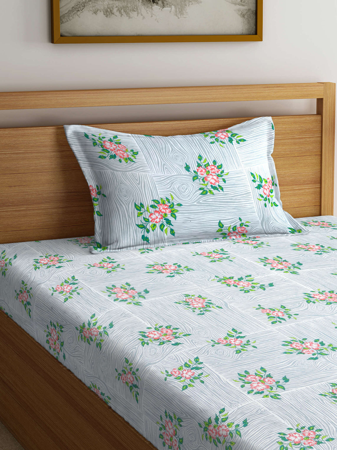 Arrabi Grey Floral TC Cotton Blend Single Size Fitted Bedsheet with 1 Pillow Cover (215 X 150 cm)
