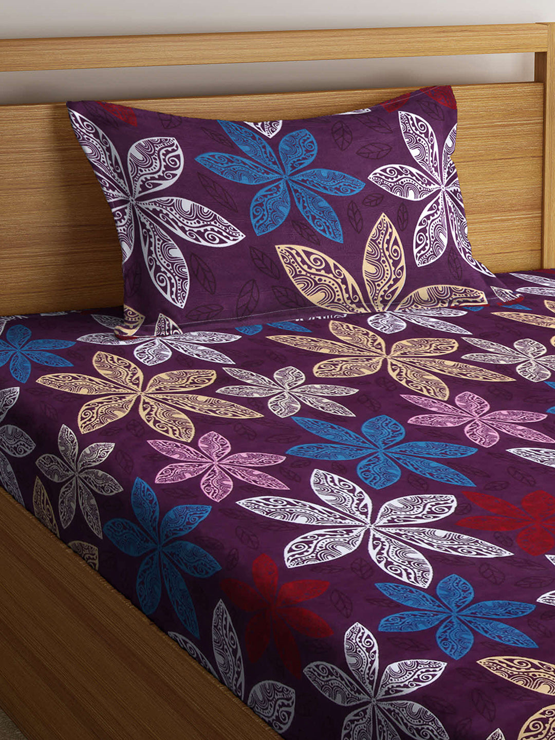 Arrabi Purple Floral TC Cotton Blend Single Size Fitted Bedsheet with 1 Pillow Cover (220 X 150 cm)