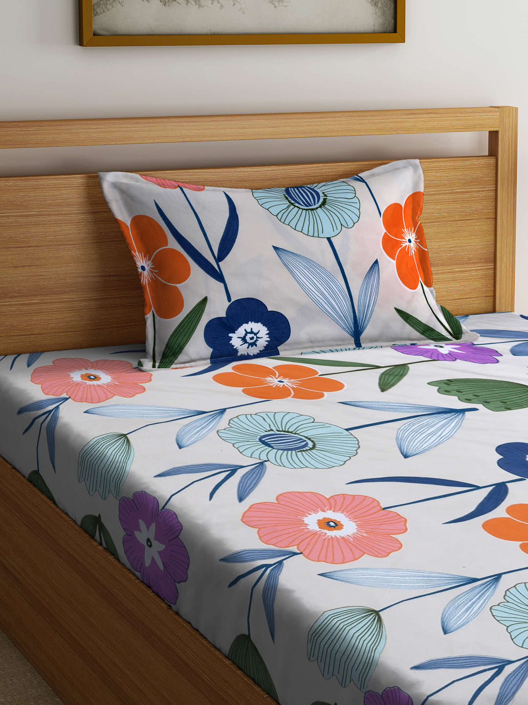 Arrabi Multi Floral TC Cotton Blend Single Size Fitted Bedsheet with 1 Pillow Cover (215 X 150 cm)