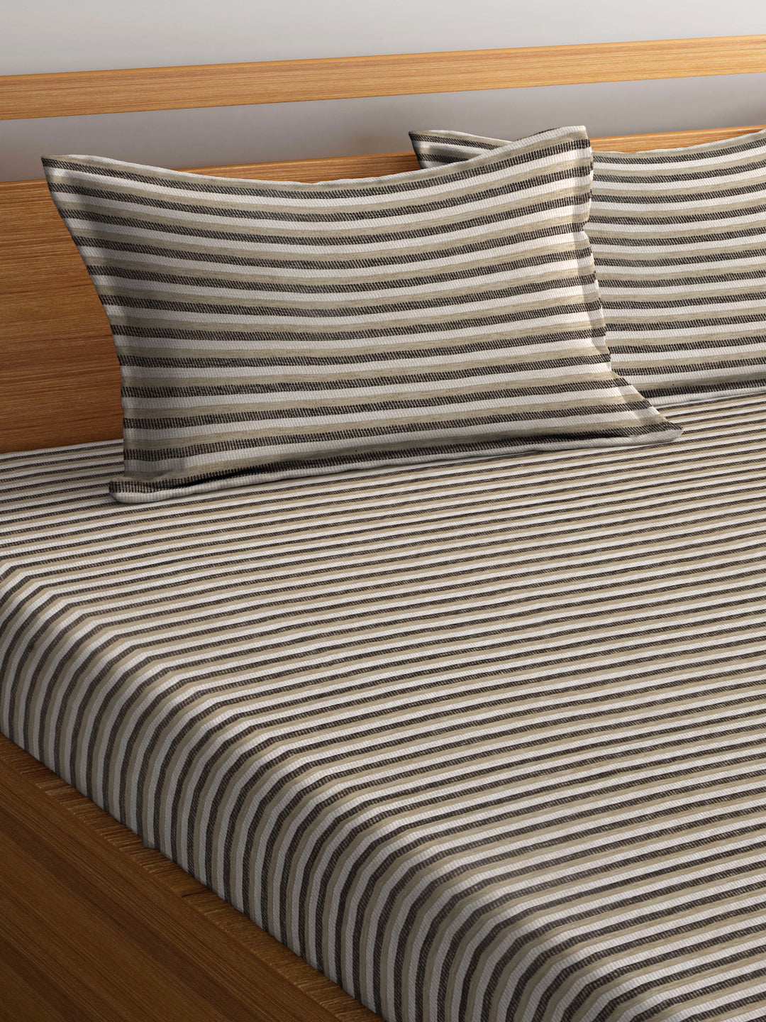 Arrabi Beige Stripes Handwoven Cotton King Size Bedsheet with 2 Pillow Covers (260 X 230 cm)