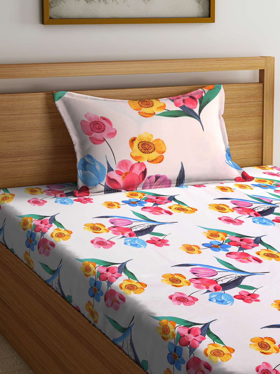 Arrabi Multi Floral TC Cotton Blend Single Size Bedsheet with 1 Pillow Cover (215 x 150 cm)