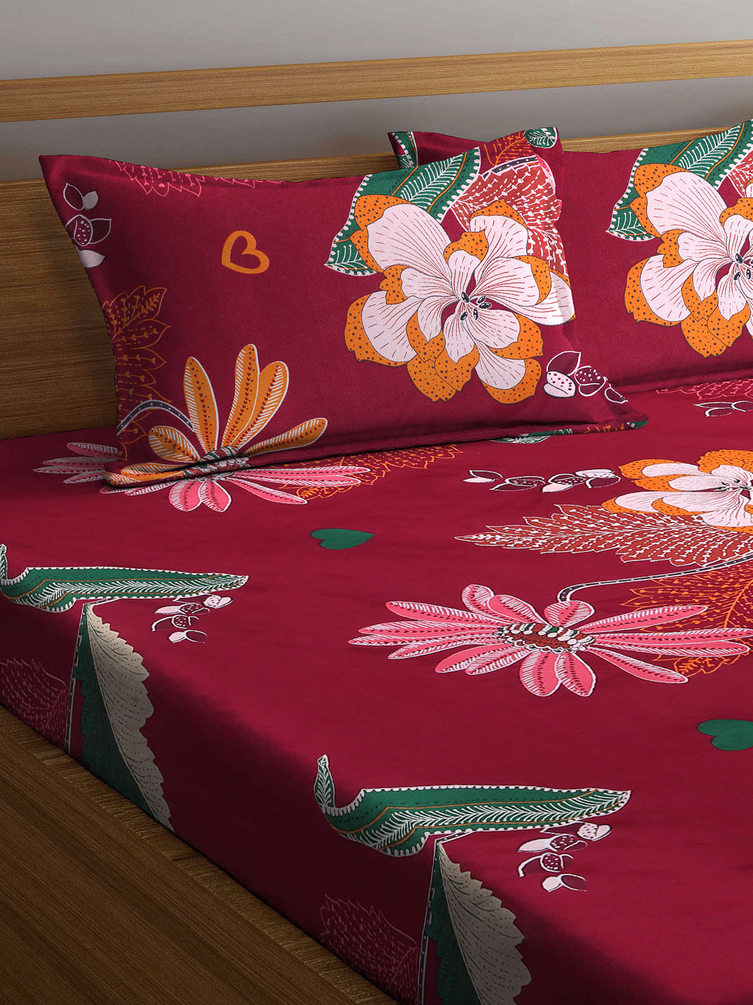 Arrabi Red Floral TC Cotton Blend King Size Bookfold Bedsheet with 2 Pillow Covers (250 X 220 cm)