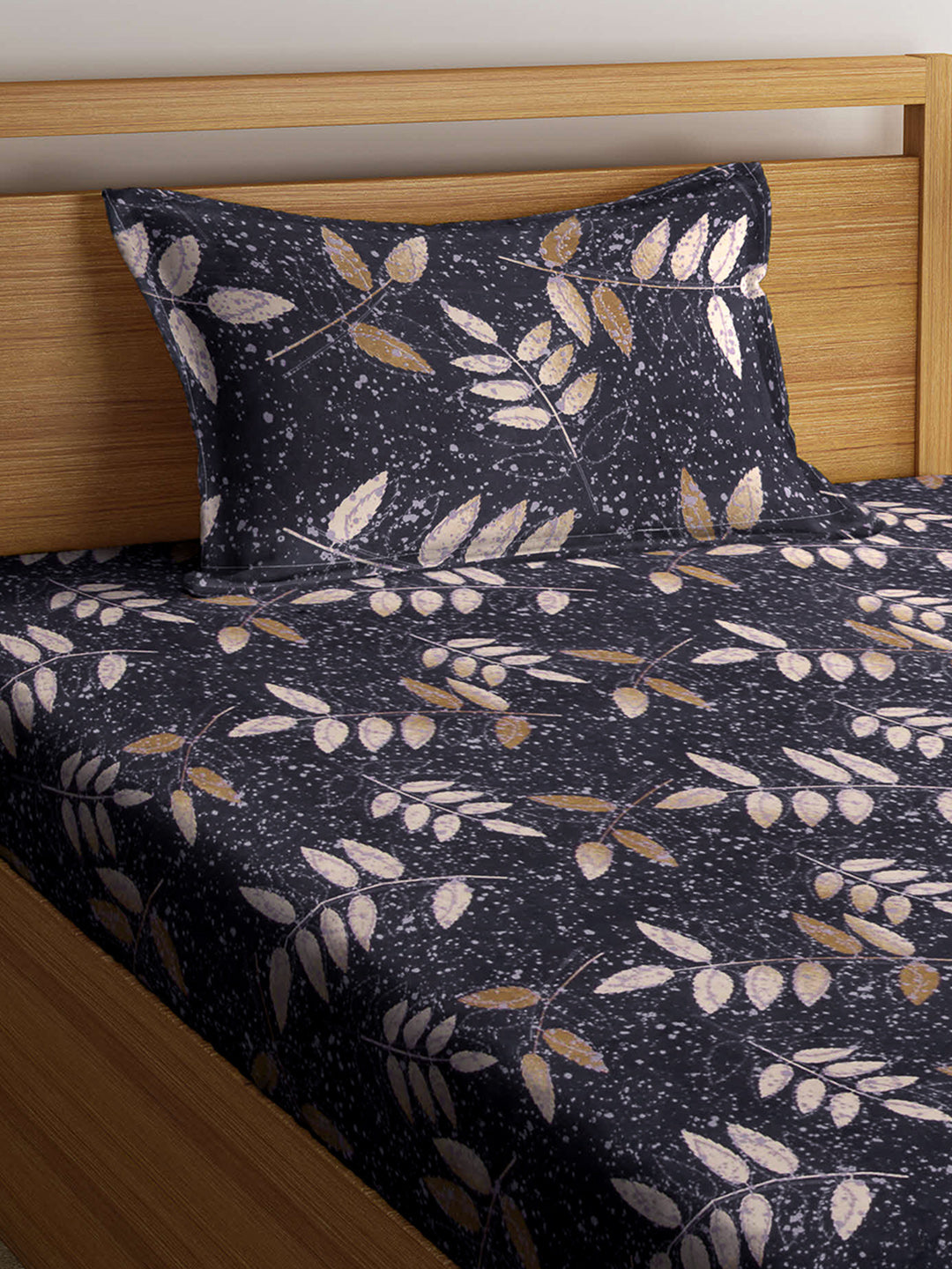 Arrabi Black Leaf TC Cotton Blend Single Size Fitted Bedsheet with 1 Pillow Cover (220 X 150 cm)