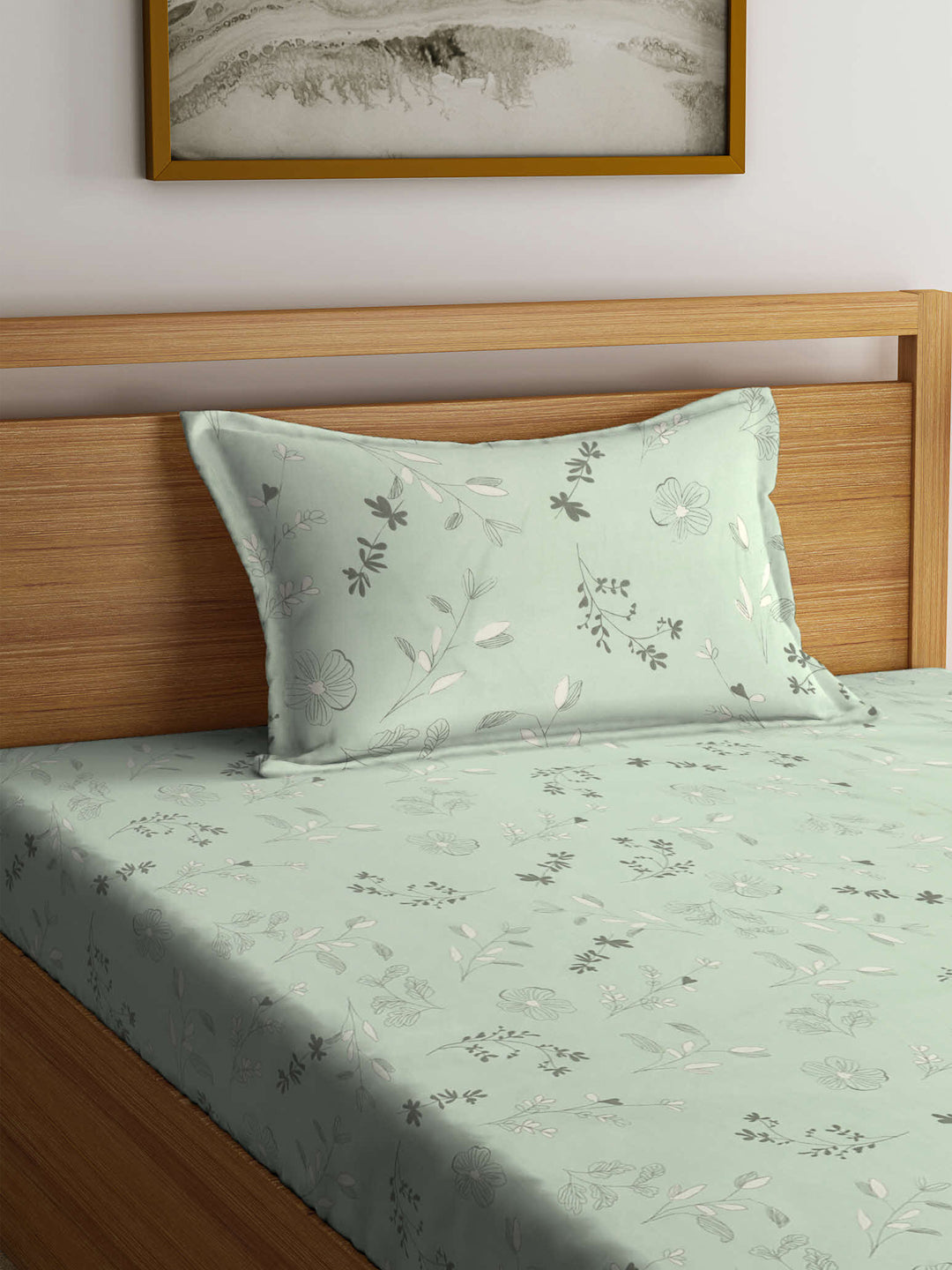Arrabi Green Floral TC Cotton Blend Single Size Fitted Bedsheet with 1 Pillow Cover (215 x 150 cm)