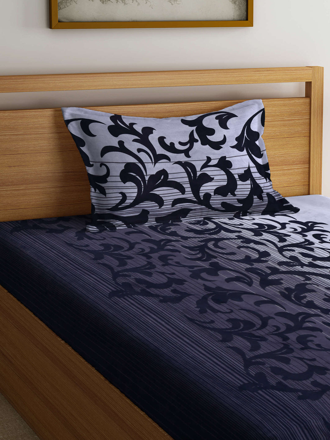 Arrabi Black Indian TC Cotton Blend Single Size Bedsheet with 1 Pillow Cover (215 x 150 cm)