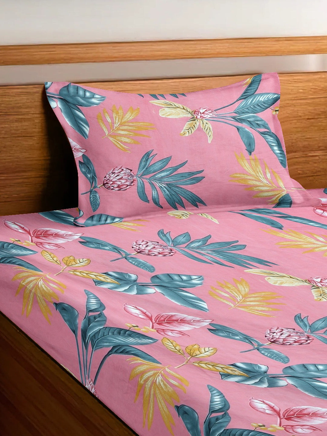 Arrabi Pink Floral TC Cotton Blend Single Size Fitted Bedsheet with 1 Pillow Cover (215 x 150 cm)