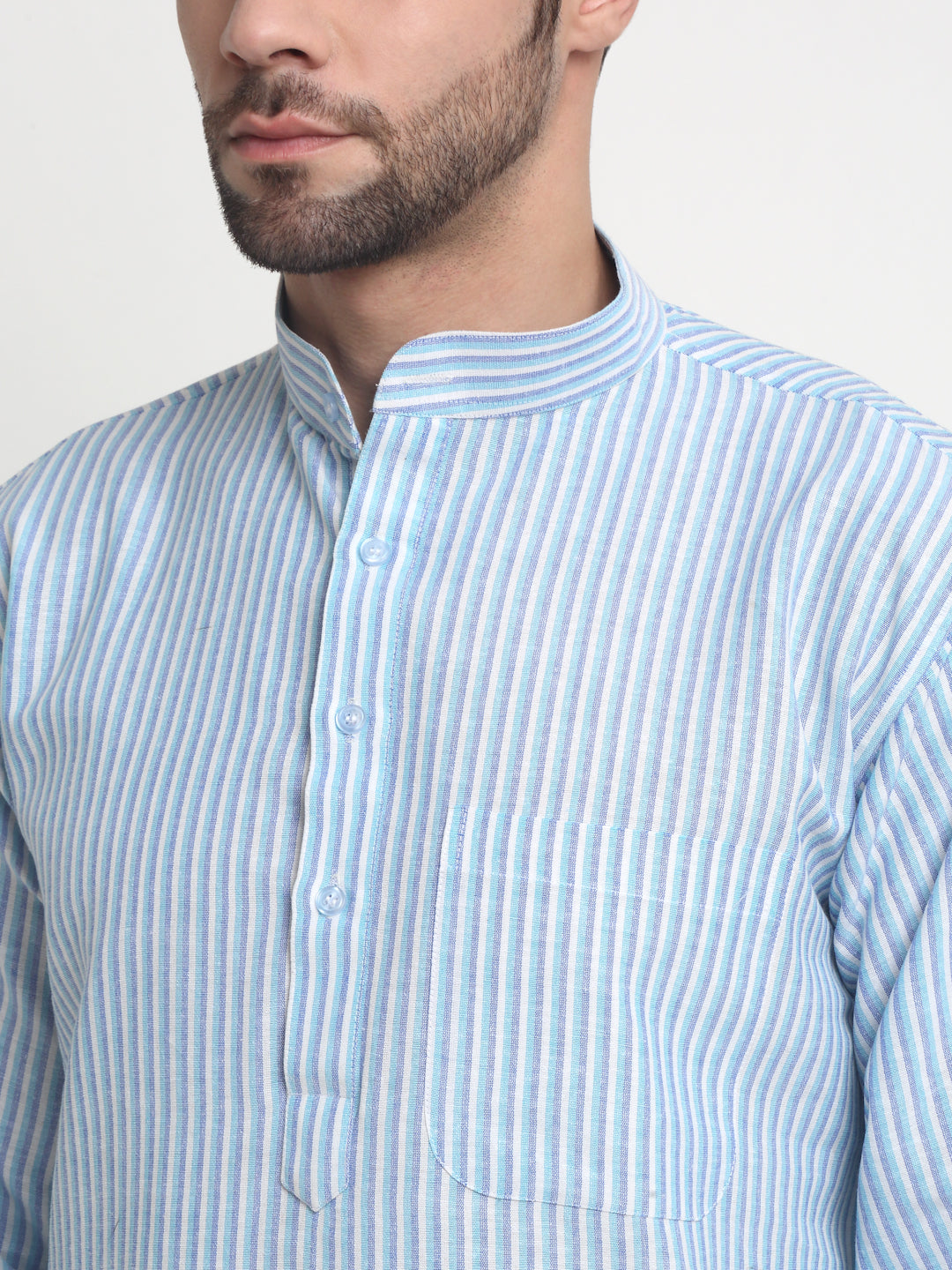 Arrabi Men Blue Pure Cotton Striped Kurta with Churidar Pyjama