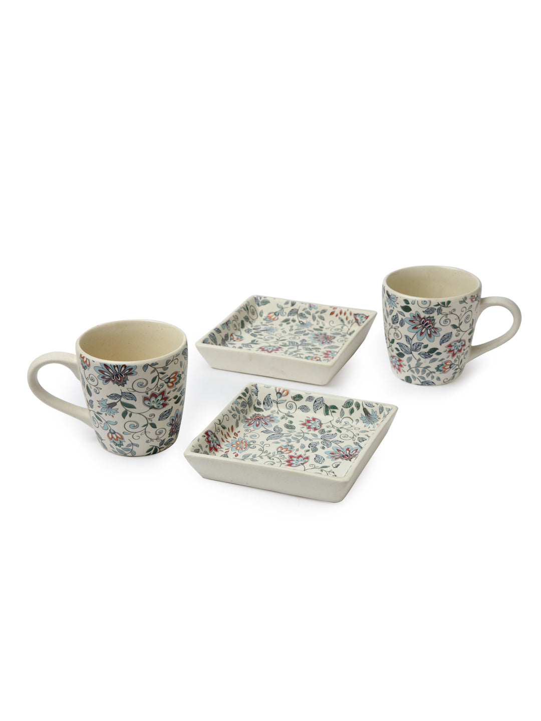 Handcrafted Printed Stoneware Matte Floral Tea set with Tray (Set of 4)