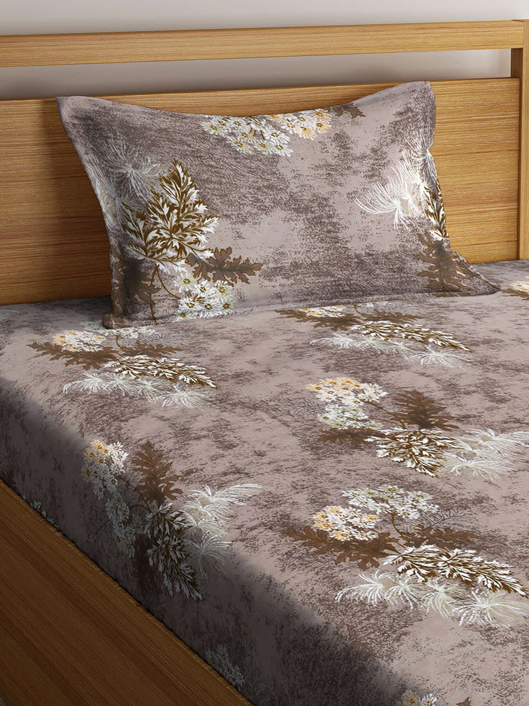 Arrabi Brown Floral TC Cotton Blend Single Size Fitted Bedsheet with 1 Pillow Cover (220 X 150 cm)