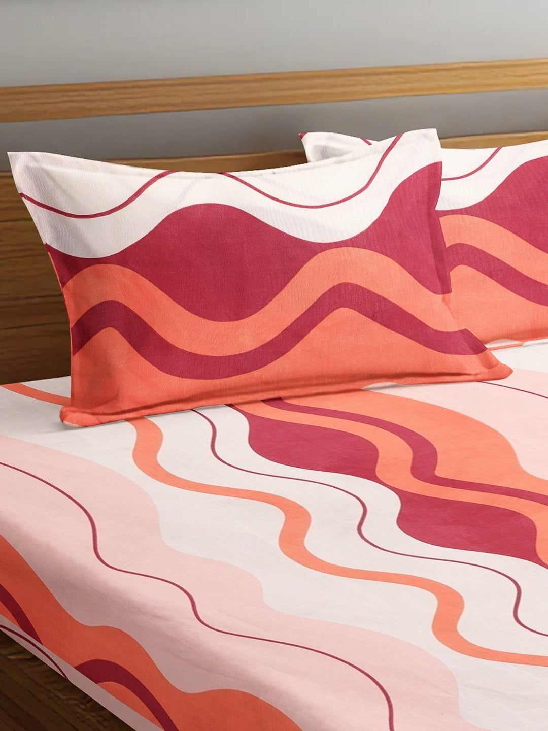 Arrabi Pink Stripes TC Cotton Blend King Size Fitted Bedsheet with 2 Pillow Covers (250 X 215 Cm)