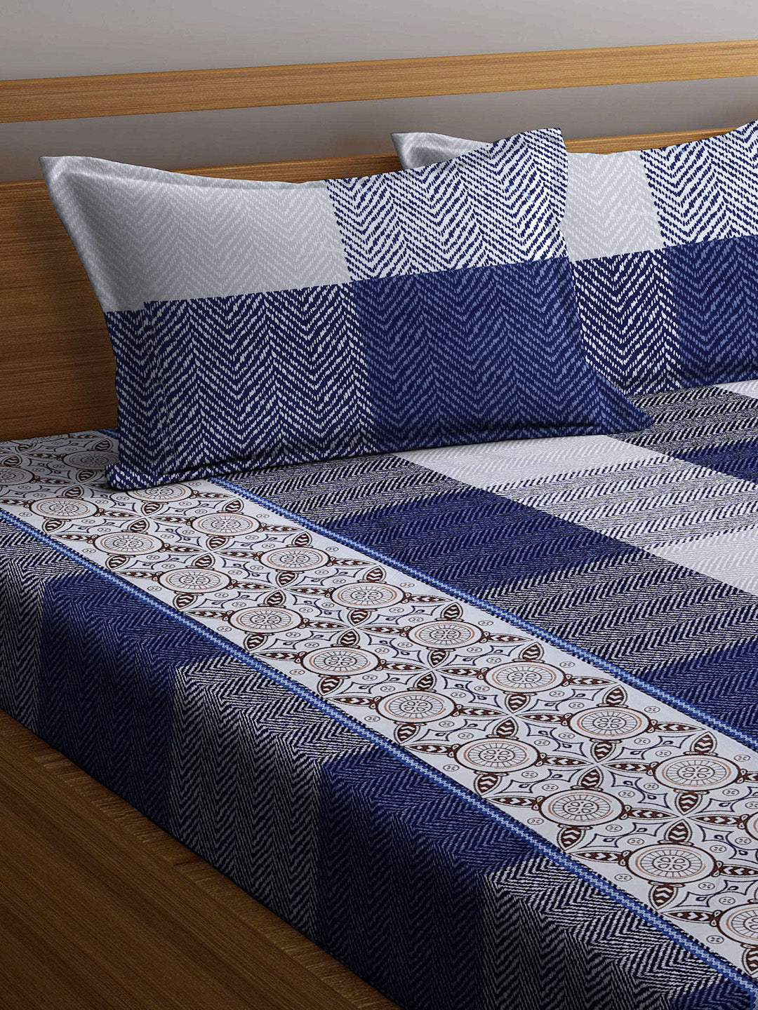 Arrabi Blue Indian TC Cotton Blend Super King Size Bookfold Bedsheet with 2 Pillow Covers (270 X 260 cm)