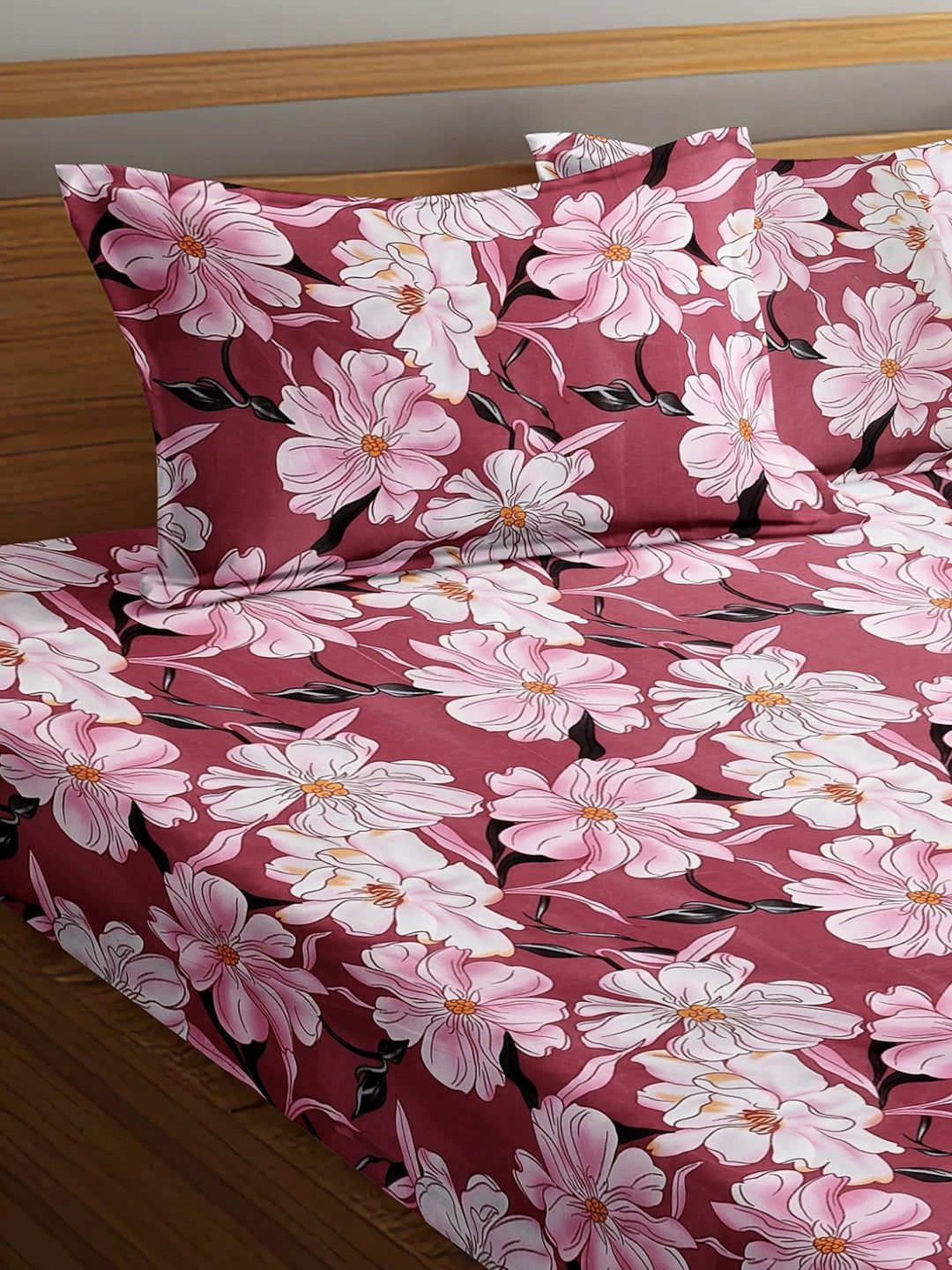 Arrabi Pink Floral TC Cotton Blend Super King Size Fitted Bedsheet with 2 Pillow Covers (270 X 260 Cm)