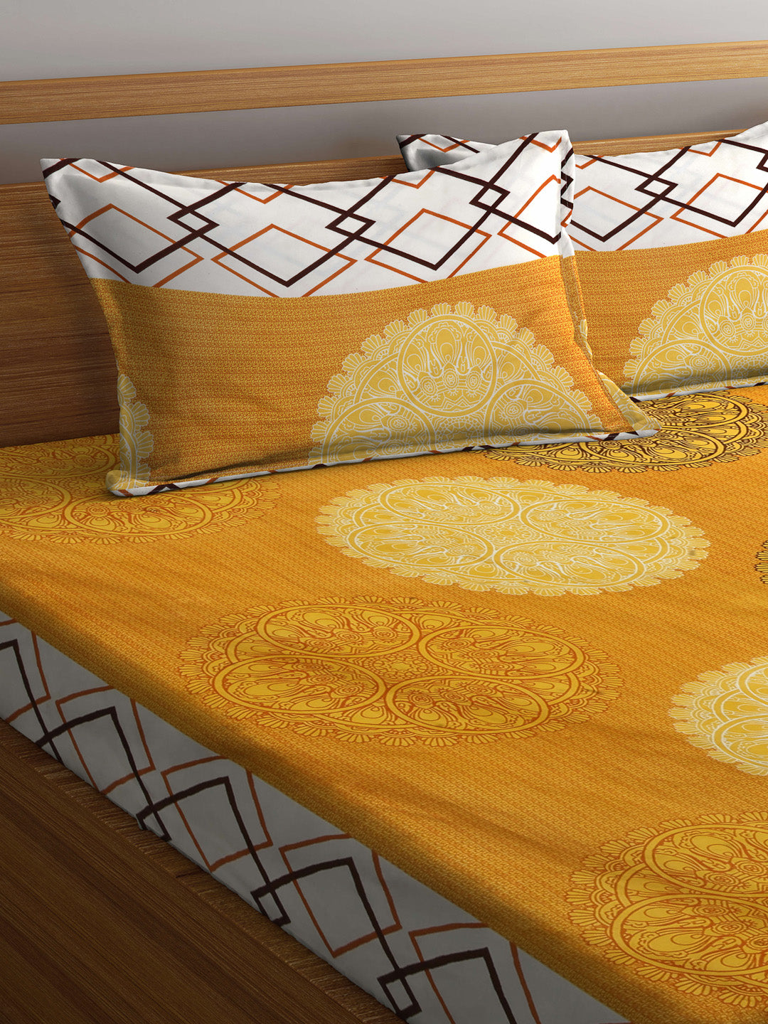 Arrabi Yellow Indian TC Cotton Blend King Size Bookfold Bedsheet with 2 Pillow Covers (250 X 215 cm)