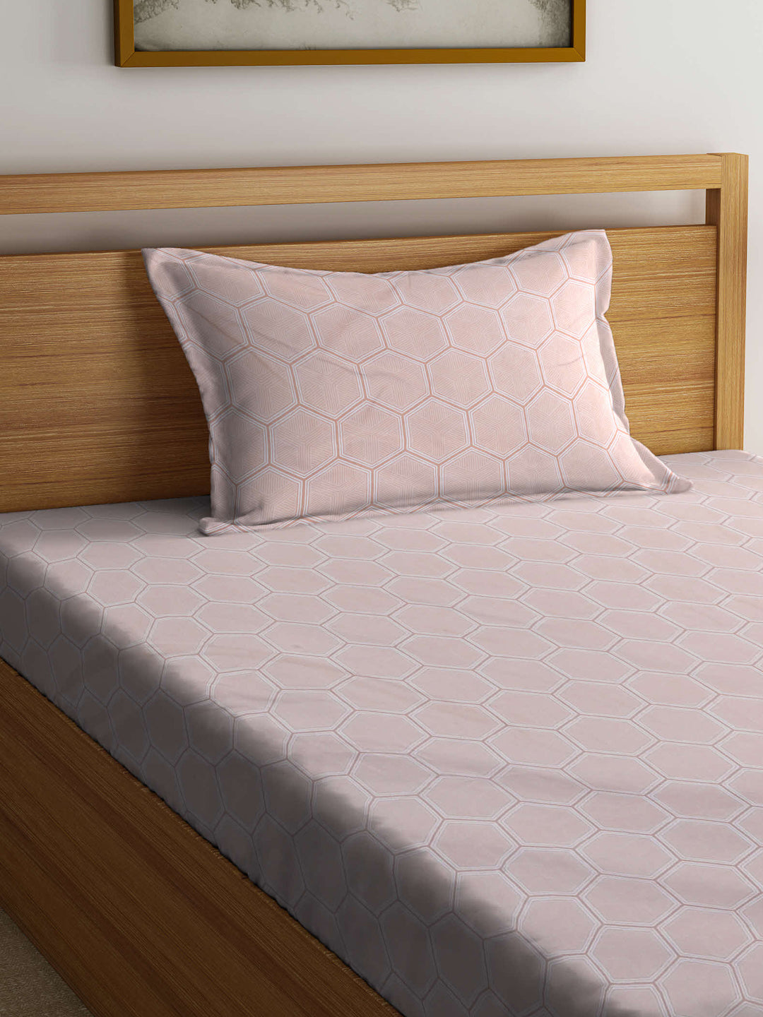 Arrabi Peach Geometric TC Cotton Blend Single Size Fitted Bedsheet with 1 Pillow Cover (215 X 150 cm)