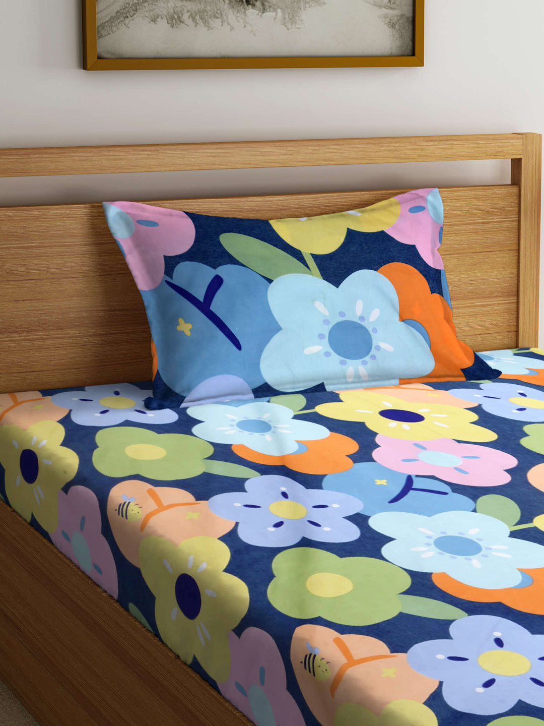 Arrabi Multi Floral TC Cotton Blend Single Size Fitted Bedsheet with 1 Pillow Cover (215 X 150 cm)