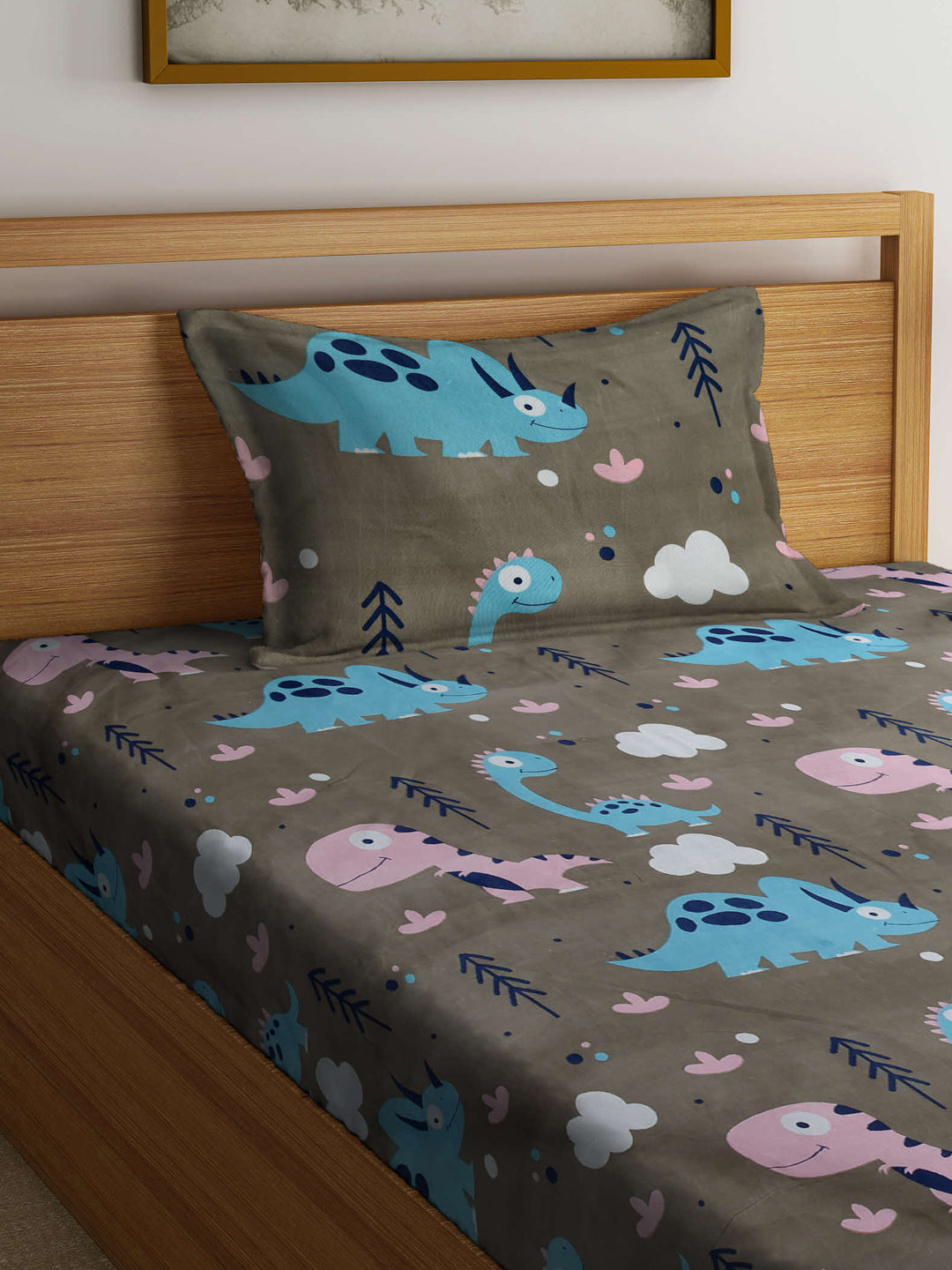 Arrabi Brown Cartoon TC Cotton Blend Single Size Bedsheet with 1 Pillow Cover (215 x 150 cm)