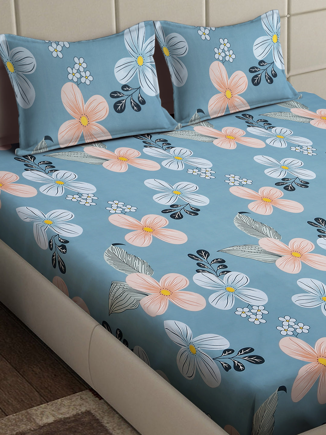 Arrabi Blue Floral TC Cotton Blend King Size Bedsheet with 2 Pillow Covers (250 x 215 cm)